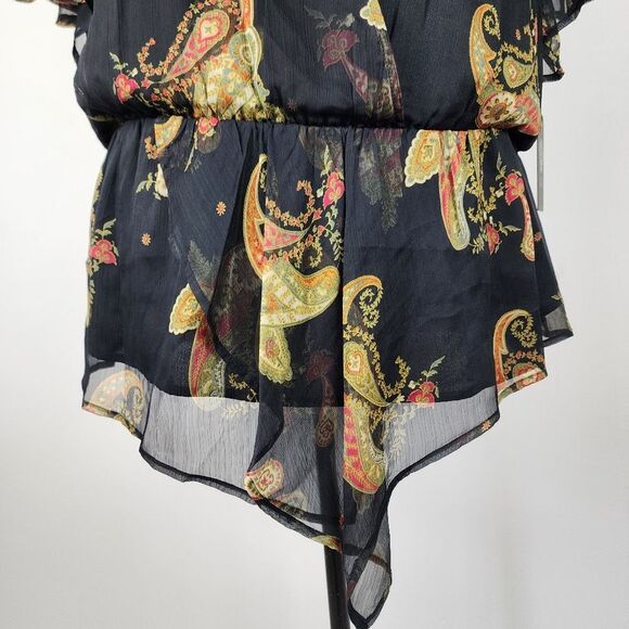 Vince Camuto Asymmetric Blouse Top Paisley Cinch Waist Lined Rich Black Size 2X - Picture 12 of 16
